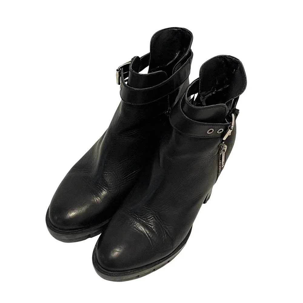 Unbranded Leather Ankle Boots Womens 38 Black Moto Lug Sole Cutout Buckle‎ Edgy